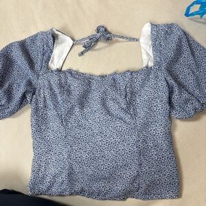 Abercrombie & Fitch Blue Puff Sleeve Blouse with Smocked Tie Front